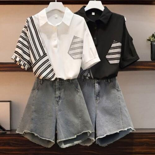 Two Piece Set Women Suit shirt Denim Shorts Fashion Suit Summer Diamond stripe printing shirt +High waist Shorts 2 Piece Sets