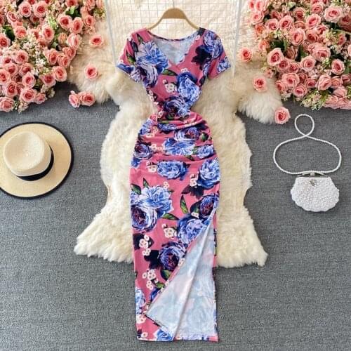 Retro V-neck Folds Slimming Bodycon Long Dresses Women 2021 Summer New Sexy High Slit One-step Floral Printted Dress