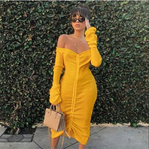 Echoine Solid Ribbed Knitted Midi Dress Autumn Long Sleeve Off Shoulder Slash Drawsting Dresses Vintage Vestidos White Robe