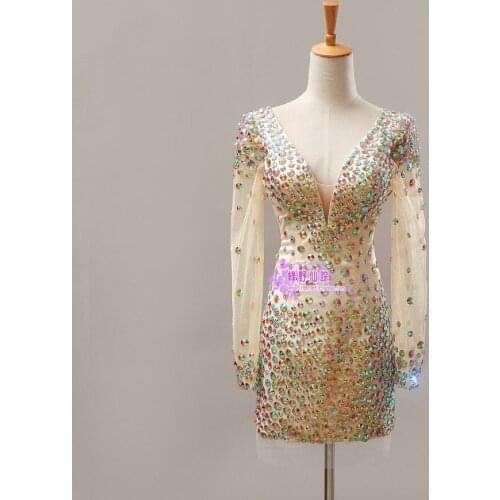 Real photos 2019 vestidos de festa new fashion luxury rhinestone crystal v-neck long-sleeve prom party mother of the bride dress