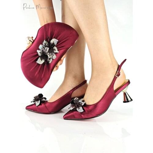 2021 New Arrival Italian Design Nigerianr Party Elegant Ladies Shoes and Bag Set Decorated With Special Flower in Wine Color