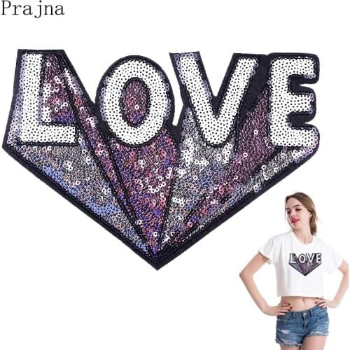 Prajna 3D Large Glitter Sequin Patches Fashion LOVE Patch Sew On Embroidered Patches For Clothes Applique Badge Decor Washable