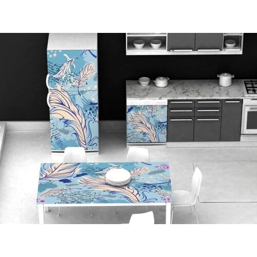 3D Table Refrigerator Wrap Blue Feather Painting Diy Freezer Sticker Kids Art Fridge Door Cover Wallpaper Kitchen Accessory