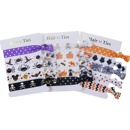 5/8" Spider pumpkin print fold over elastic halloween foe hair ties for women girls Hair Accessories 15 pcs=3 sets/lot