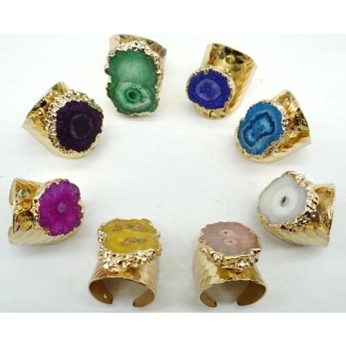 Big Gold Rim Vintage Retro blue Purple Geode Crystal Flower Agates Stone Slice Adjust Open Hammered Ring Cuff for Woman Man Ring