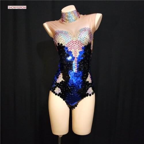 Sparkly Gold Rhinestones Mirrors Shining Bodysuit Womens Birthday Celebrate Outfit DJ Singer Show Dance Stretch Outfit