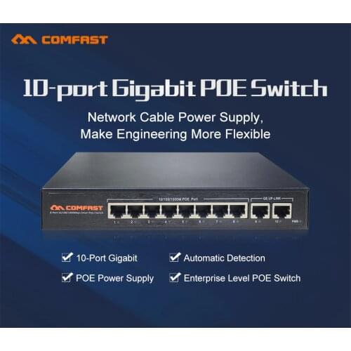 Comfast 10 Port 10/100/1000Mbps RJ45 Gigabit Enterprise Level POE Switch 802.af/at Automatic Detection Power over Ethernet POE