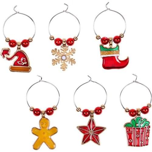 6Pcs Tree Santa Claus Shape Wine Glass Decorative Rings Christmas Themed Goblet Pendant Home Party Drop Ornaments