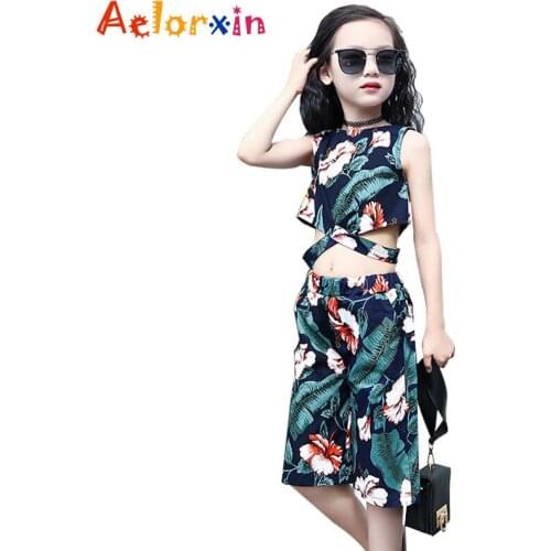 Kids Girls Clothing Sets Behemian Bare Midriff Floral Vests & Loose Shorts 2Pcs 2 3 5 7 9 11 12 Years Cotton Print Girls Outfits