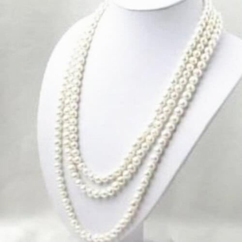 Free shipping long chain necklace natural white freshwater cultured 6-7mm pearl round beads fashion jewelry 80inch MY4524