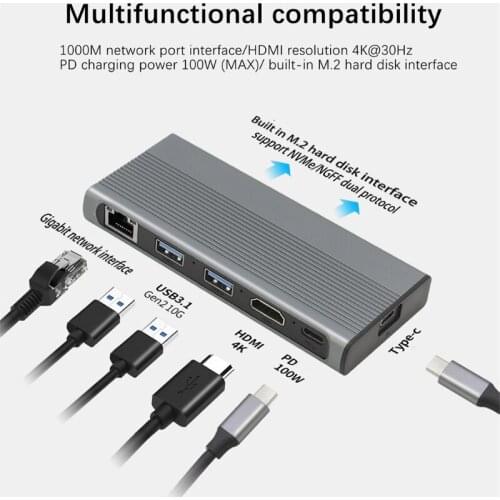 USB-C hub with M.2 Hard Drive Box for macBook Pro Type-C SSD Chassis with USB 3.1 PD 4K NVMe / SATA Dual Protocol HXBE