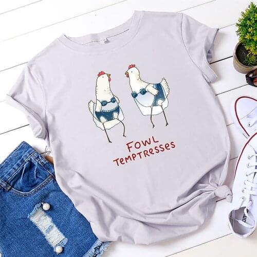 100% Cotton Summer New Womens T-shirt O-Neck Harajuku Funny Cartoon Fowl Temptresses Top Casual Female T shirt Oversized