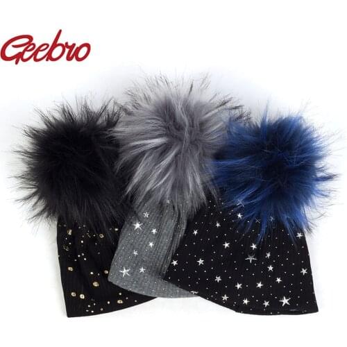 Geebro Soft Splatter Paint Star Ribbed Cotton Beanies With Faux Fur pompom For Newborn Baby Girls Boys Autumn Winter Kids Hats