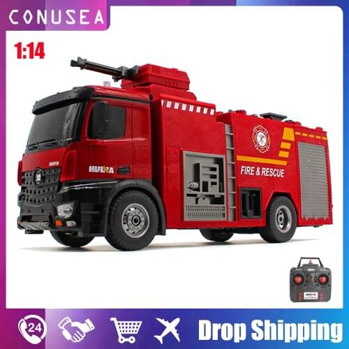 HUINA 1:14 Rc Truck Fire Truck Fireman Toys Tractor Model Spray Water Pump Shoots and Squirts Water 22 Ch Trucks for Kid Boys