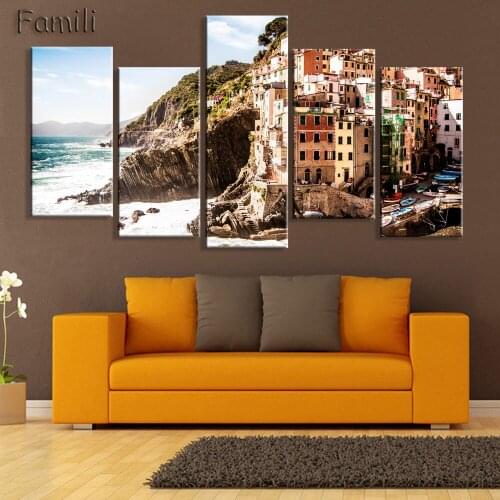 HD 5PCS Wall Art Canvas Fabric Poster Italy Town Landscape Panorama For kids Room Decor Home Decoration