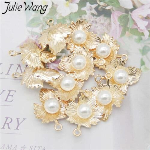 Julie Wang 10PCS Golden Maple Leaf Charm With Man-made Pearl Alloy Neckalce Pendant Earrings Findings Jewelry Making Accessory