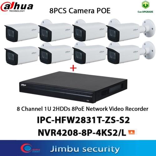 Dahua NVR 8CH kit 4K video recorder NVR4208-8P-4KS2/L 8 × 1080p & 8MP IP Camera IPC-HFW2831T-ZS-S2 8PCS/lot IR60m 2.7mm–13.5mm
