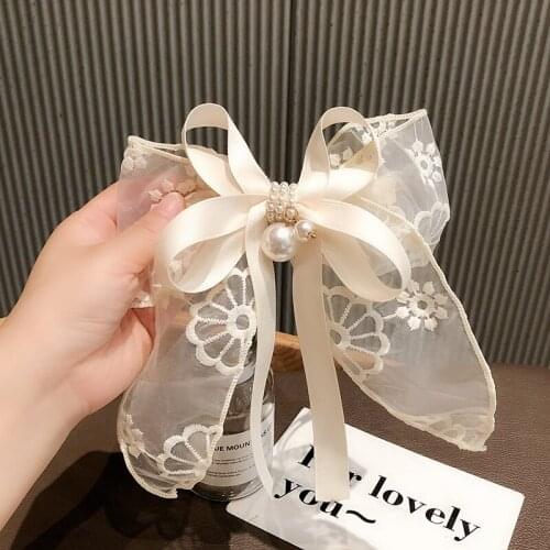 Korean Large Bow Hair Clips for Girl Embroidered Flower Ribbon Hairpin Pearl Spring Clip Lace Hairclip Women Hair Accessories
