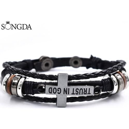 SONGDA New Arrival TRUST IN GOD Religious Cross Multilayer Beaded Leather Braided Bracelet for Men and Women Jewelry Decorations