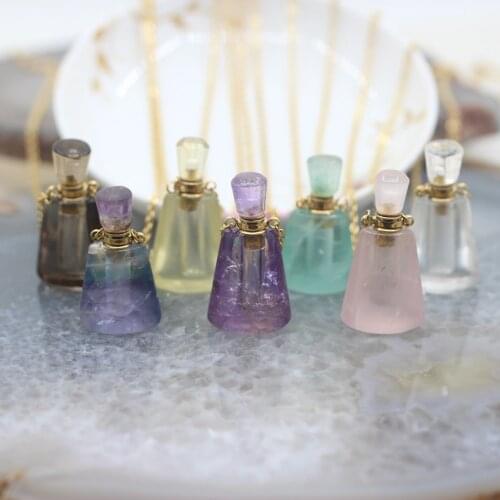 Natural Crystal Quartz Drops Perfume Bottle Pendants Necklace,Plated Gold chains Gems stone Essential Oil Diffuser Vial Charms