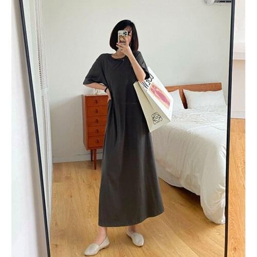 Extra-Large Size T-Shirt Long Skirt Summer Loose Solid Color Over-The-Knee Dress