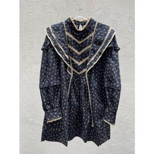 2021 Spring Summer Luxury French Street Style Lace Decorated 100% Cotton Stand Collar Flare Puff Sleeve Dress