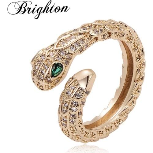 Brighton Luxury Green Zircon Snake Shape Open Adjustable Finger Rings For Women Party Crystal Trendy Jewelry Gift High Quality