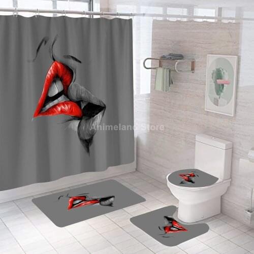 Grey Sexy Lips Shower Curtains Romantic Bathroom Curtain Bath Sets Toilet Cover Mat Non-Slip Washroom Rug Set Modern 180x180cm