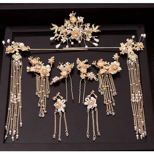 Flower Pearls Hairpins Sticks Sets Vintage Gold Color Hair Combs Earrings Jewelry Classical Style Hair Accessories BN
