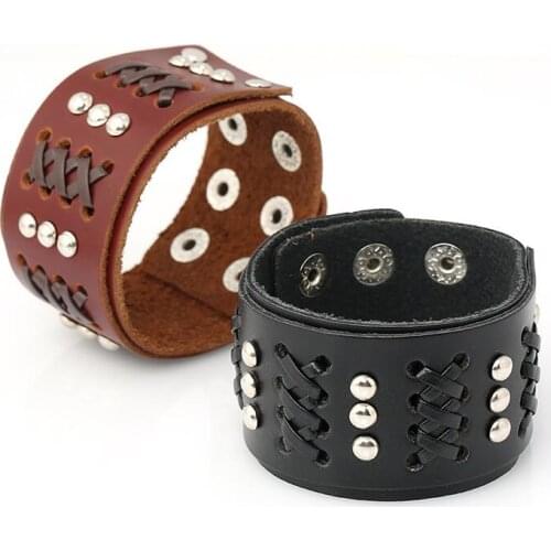 Gothic Punk Fashion Wristbands Wide Leather Bracelet Cuff Vintage Casual Rivets Charm Handmade Braided Bangle Wrap Biker Jewelry