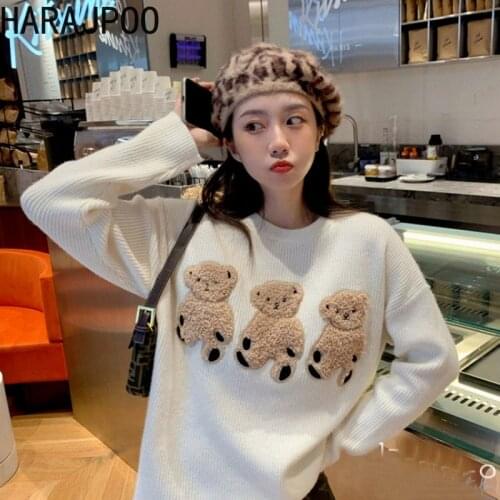 Harajpoo Sweaters Women Y2k Bear Fall Winter Loose Outer Wear Lazy Style Knitted Pullover 20201 New Round Neck Trend Kawaii Tops