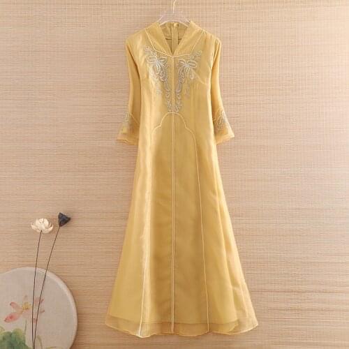 High-end Autumn Women Embroidery Organza Dress Ethnic Style Retro Elegant Lady Slim V-neck Party Dress Female S-XXL