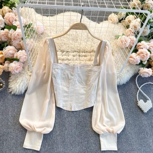 Tee Girl Solid White Black Pink Full Flare Sleeve Cropped Square Collar Blouses Womens Crop Tops For Female Streetwear Clothing