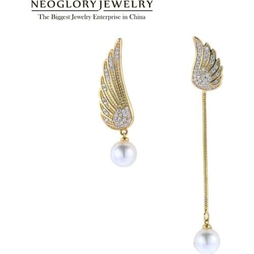 NEOGLORY Full Cubic Zircon Angel Wing Long Asymmetry Drop Earrings For Women Pearl Accessories For Party Christmas Thanksgiving