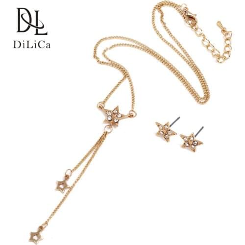 DiLiCa Gold Color Simple Jewelry Sets Long Pendant Necklace Star Earrings for Women Charms Chain Necklace parure bijoux femme
