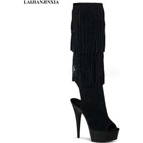 New Ultra-Leather Party Open Toe 15cm High Heels Sexy Women Boots Tassel Dancing Shoes Knee Boots Dance shoes