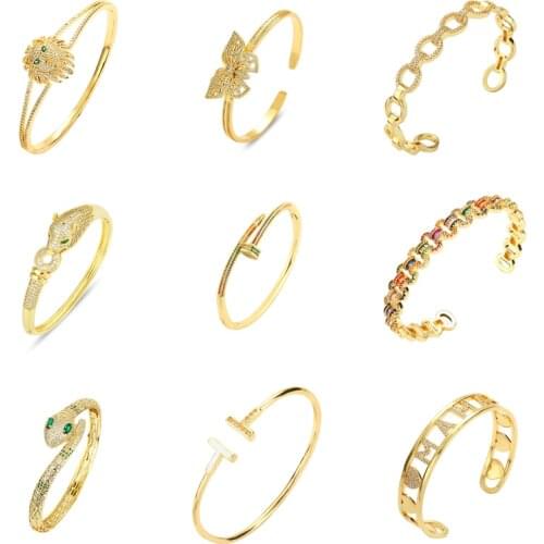 Women CZ Nail Bangle Bracelet Copper Zircon 18K Gold Plated Adjustable Open Cuff Bracelet Rainbow leopard Cross Lion Bracelet