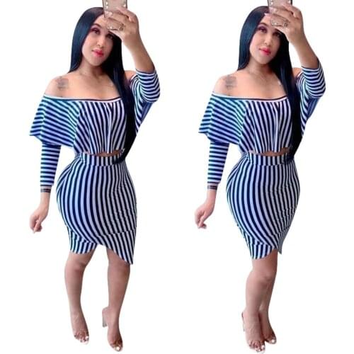 2019 Autumn Winter Womens set Ful sleeve Ruffles Striped Print crop top bodycon short skirt suit two piece set tracksuit