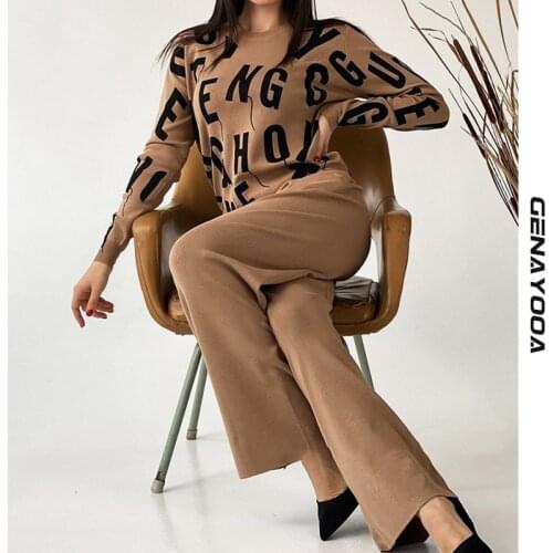 Genayooa Euro Style Knitted Wide-leg Pant Suit Two Piece Sets Winter Warm Women Pullover Sweater Tracksuits Women 2 Pieces Suit