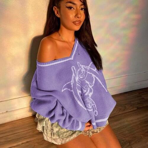 Grunge Aesthetics Skull Graphic Knitted Y2K Sweaters Punk Style V-neck Long Sleeve Oversized Jumpers Vintage 2000s Tops