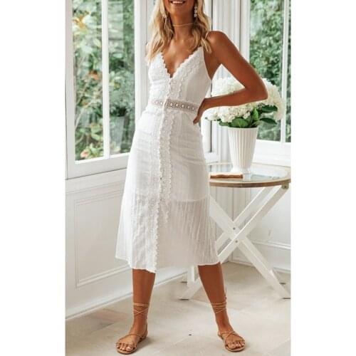 Ordifree 2021 Summer Women Spaghetti Strap Midi Dress Sexy White Lace Tunic Beach Dress