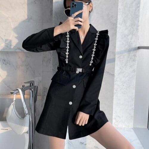 Ladies Early Autumn New High Street Dress Black Patchwork Diamond Decoration Cutaway Long Sleeve Waist Mini Dress 2021