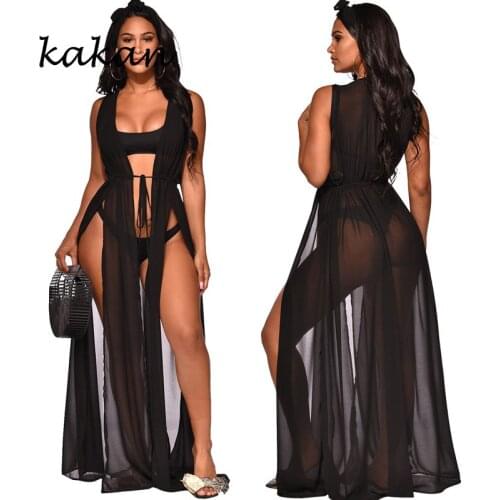 Kakan summer new womens sexy mesh dress black perspective long dress club party high slit dress