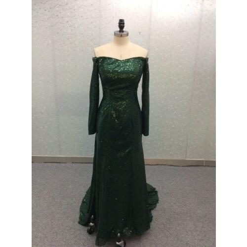 Long Sleeve Sequined Green Prom Dresses Robe Soiree Sweep Train Mermaid Off Shoulder Formal Party Gown