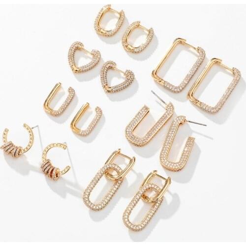 14K Real Gold Plated Brass Cuff Stud Earring Heart square Shiny Full Zircon Diamond Hoop Earrings