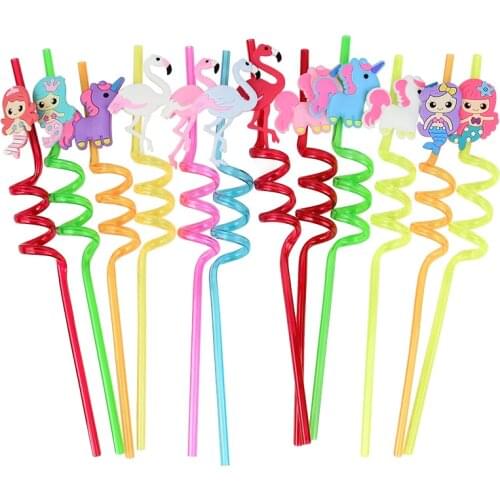 4pcs Unicorn Mermaid Fruit Flamingo Plastic Drinking Straws For Children Birthday Party Baby Shower Decor Reusable Juice Straws
