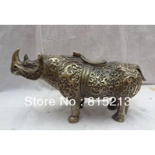 Bi00309 11" China Bronze Animals Bull Ox Sculpture Chinese JiXiang Rhinoceros Statue