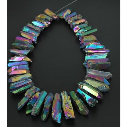 15.5"Strand Rainbow AB Titanium Quartz Crystal Top Drilled Point Pendant Bead,Rock Raw Crystal Pillar Beads Jewelry 8-10x30-48mm