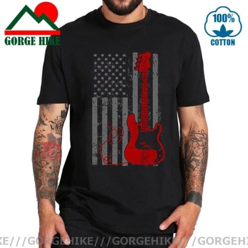 GorgeHike Vintage Distressed Style USA Flag Bass Guitar T shirt men Retro Electric Guitar mens T-shirt Classic Music Band tshirt