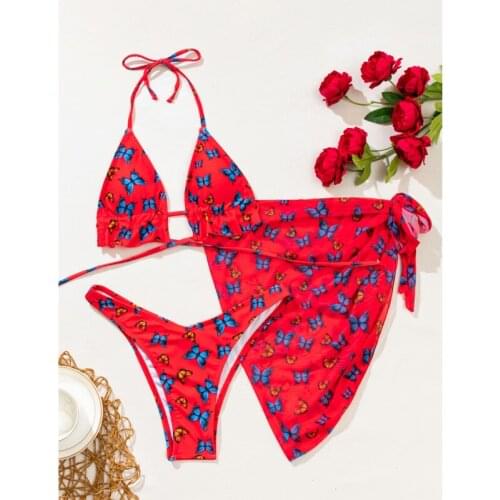 3 Pieces Set 2021 Women Sexy Push Up Thong Bikinis Butterfly Halter Beachwear Bathing Suit Swimming Suit Summer Swimsuit